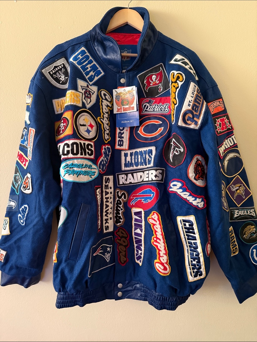 Patchwork NFL Navy Bomber Jacket by Jeff Hamilton